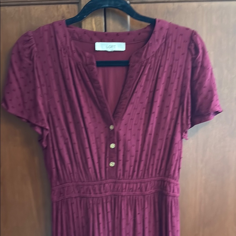 LOFT Burgundy Short-Sleeve Midi Dress with Button Front